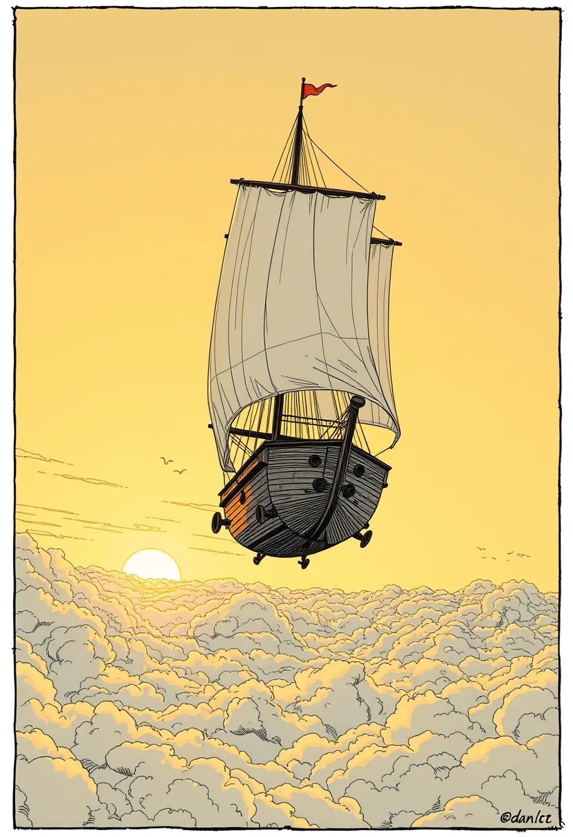 The airship Wren drifting above a sea of golden clouds