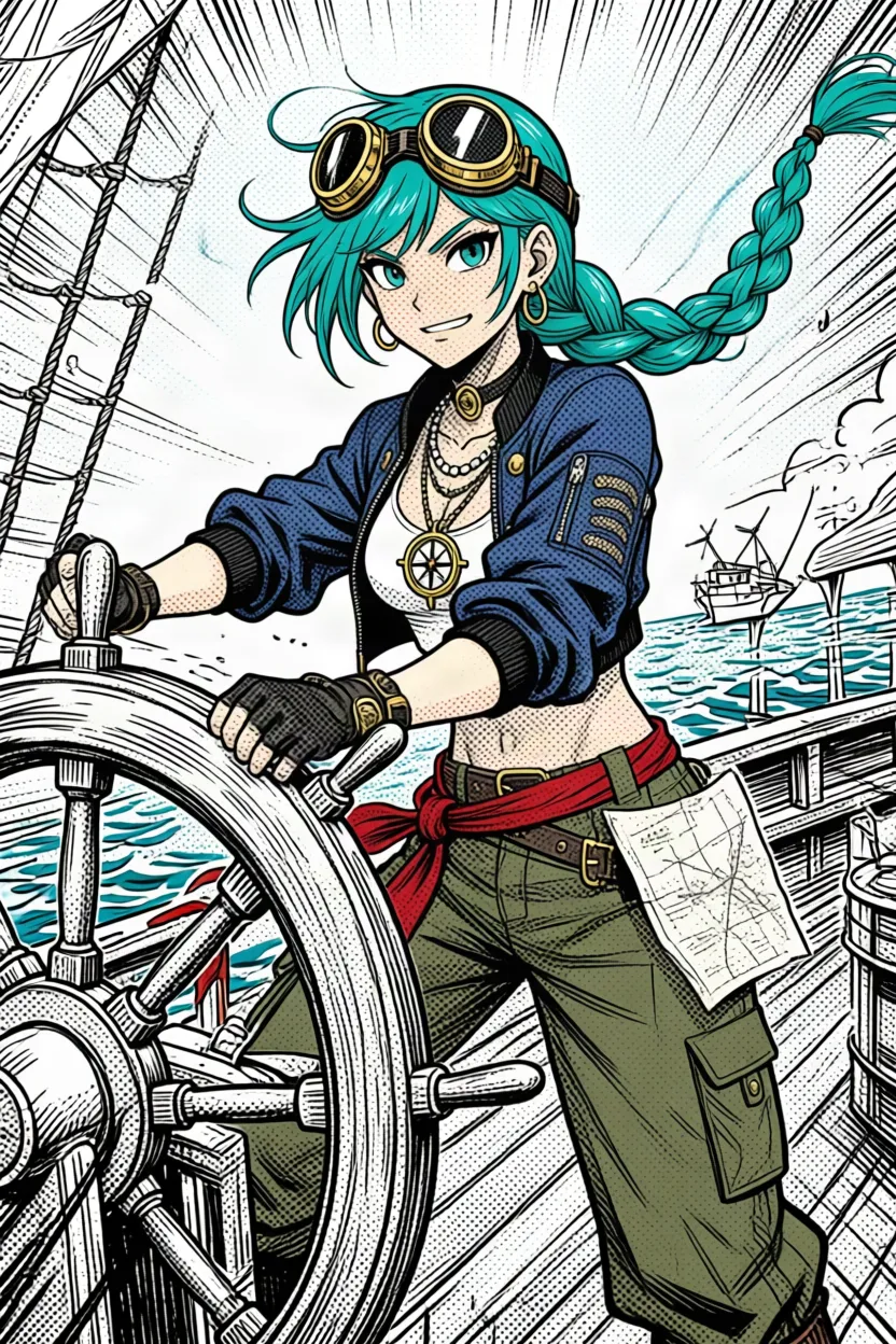 Kaede Arai at the ship's wheel, braid whipping in the wind