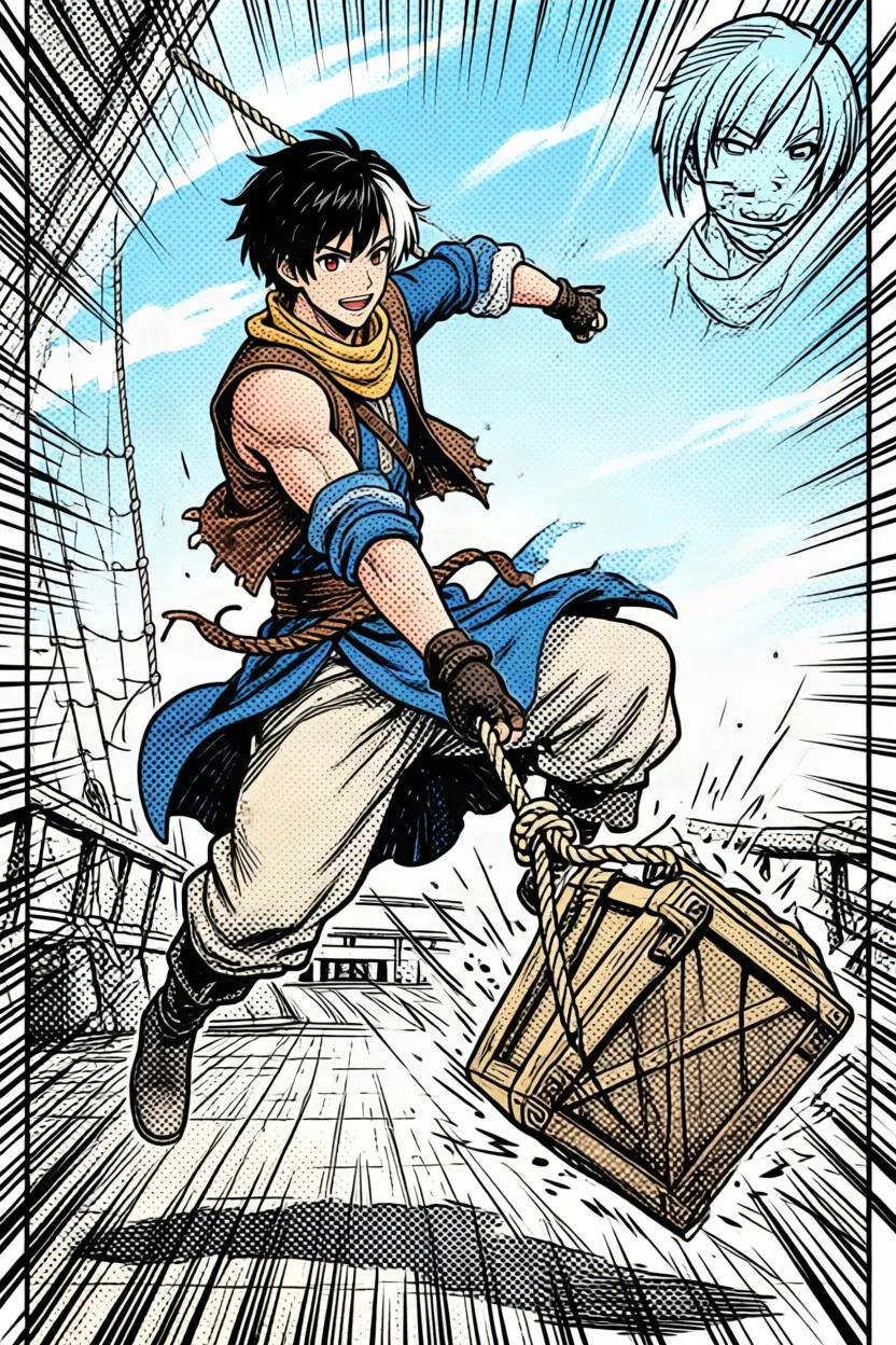 Arjun swinging on a rope across the deck to catch a falling crate