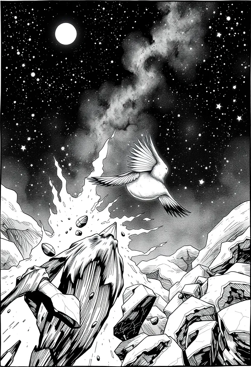 The Wren bursting out of the storm into a starry night