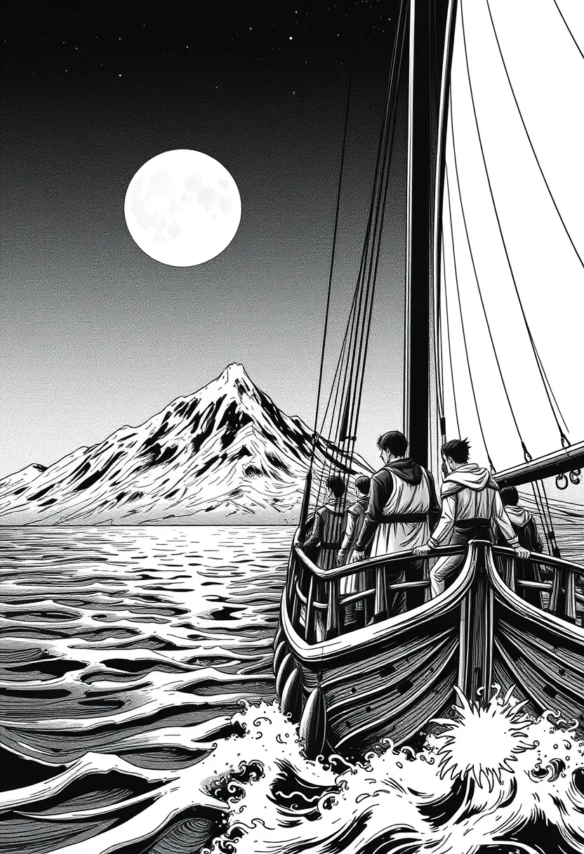 The Wren sailing toward a far mountain under a huge moon